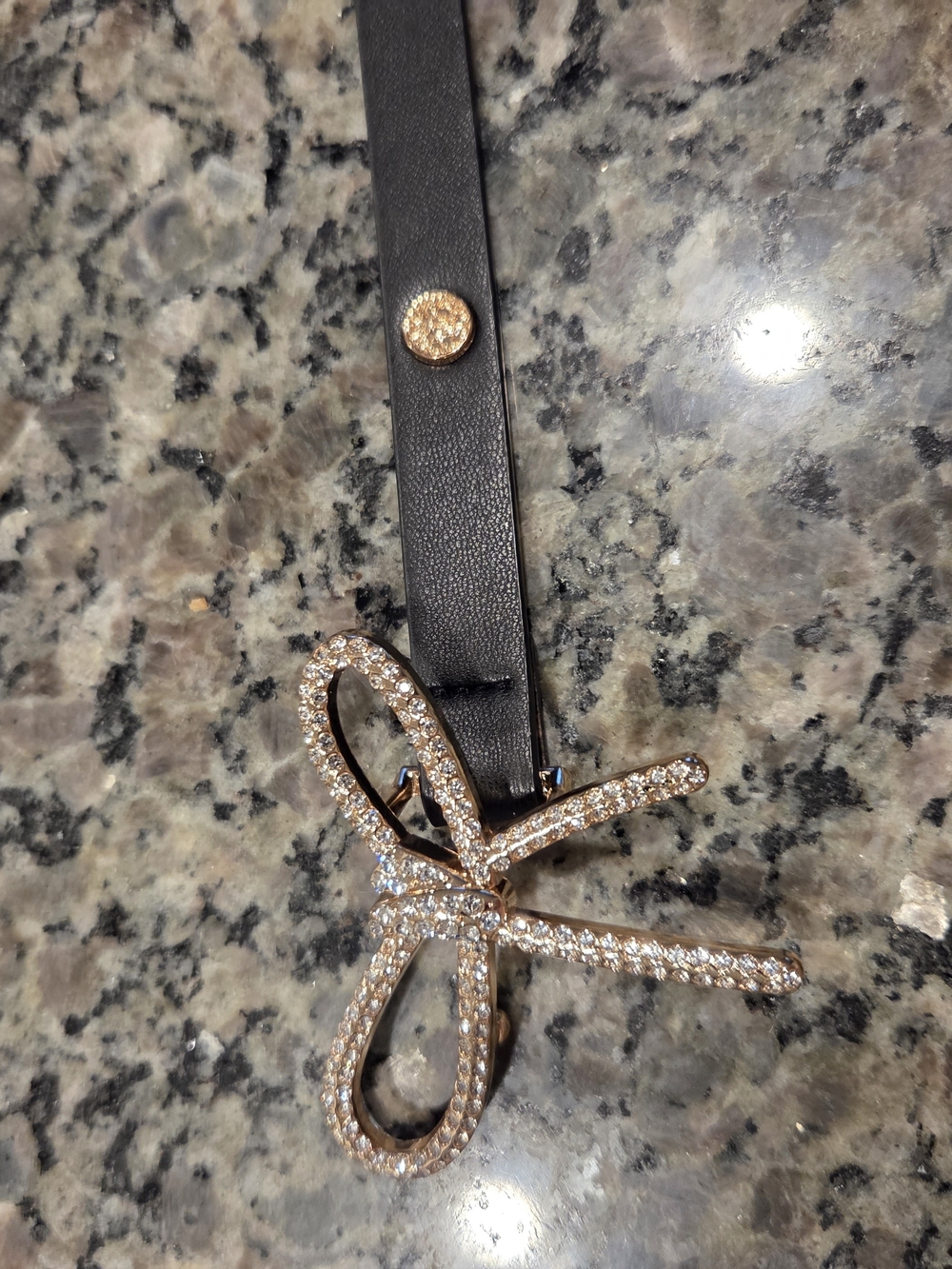 Anne Klein Black Leather Belt with Rose Gold Crystal Bow Buckle